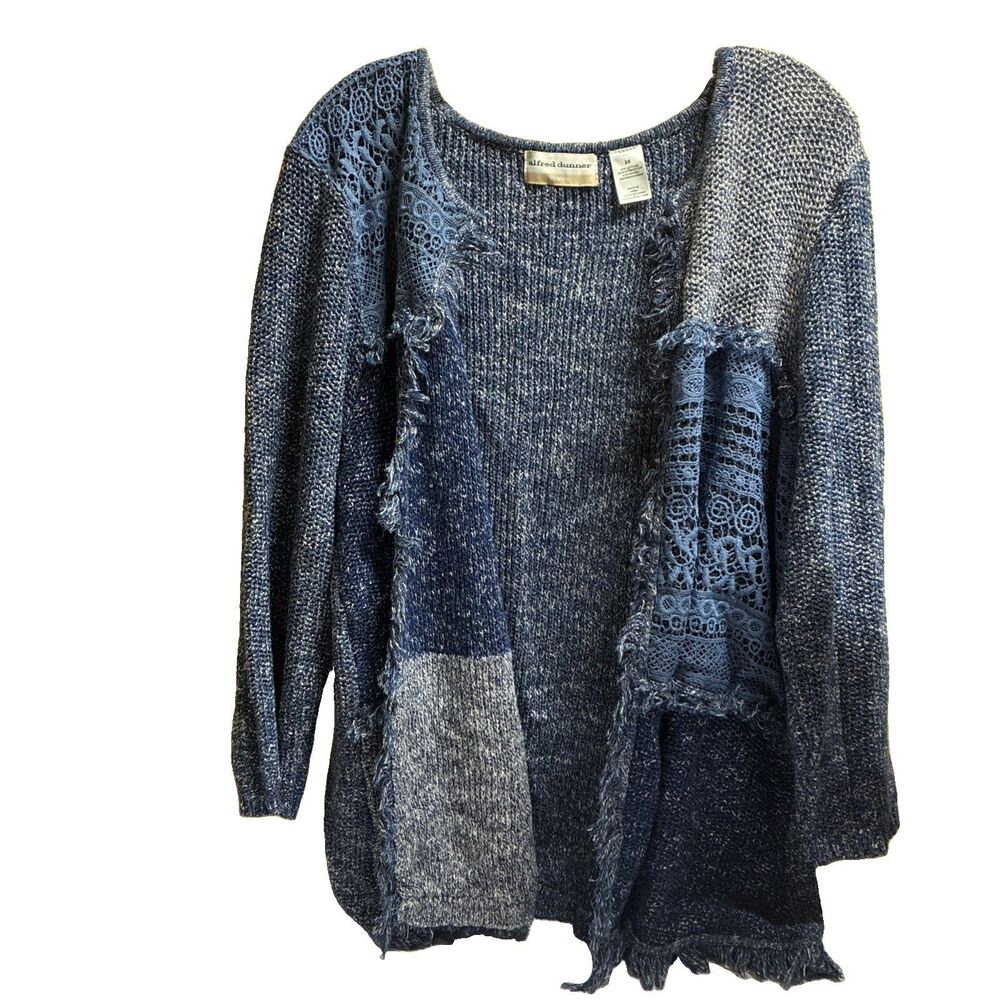 Alfred Dunner Blue Sweater Open Cardigan 2XL Knit Fringe Patchwork Missing Clasp